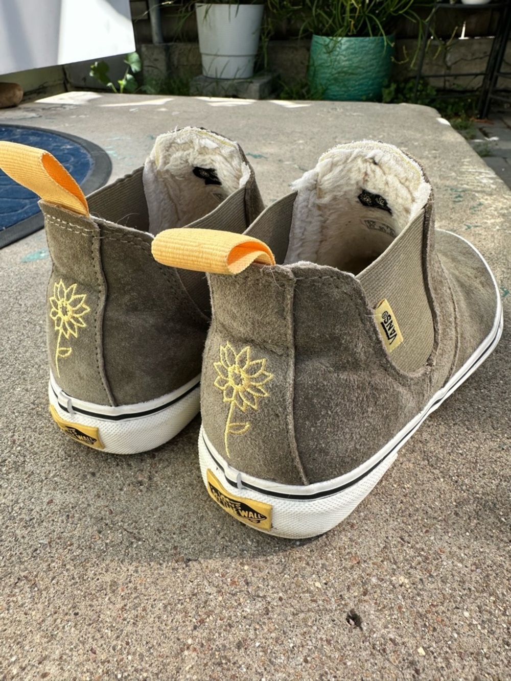 Vans Women’s Olive Suede Slip-On High Tops with Shearling & Floral Design